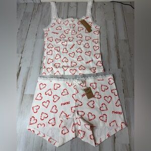 SKIMS Women's Two-Piece Heart Print Pajama Set in White and Red
